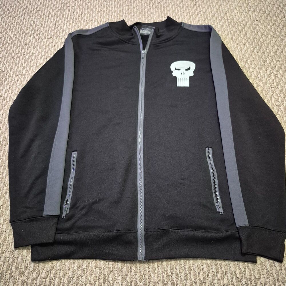 Marvel Punisher Men’s Sz L Full Zip Jacket-Black Gray Stripe & Graphic Logo